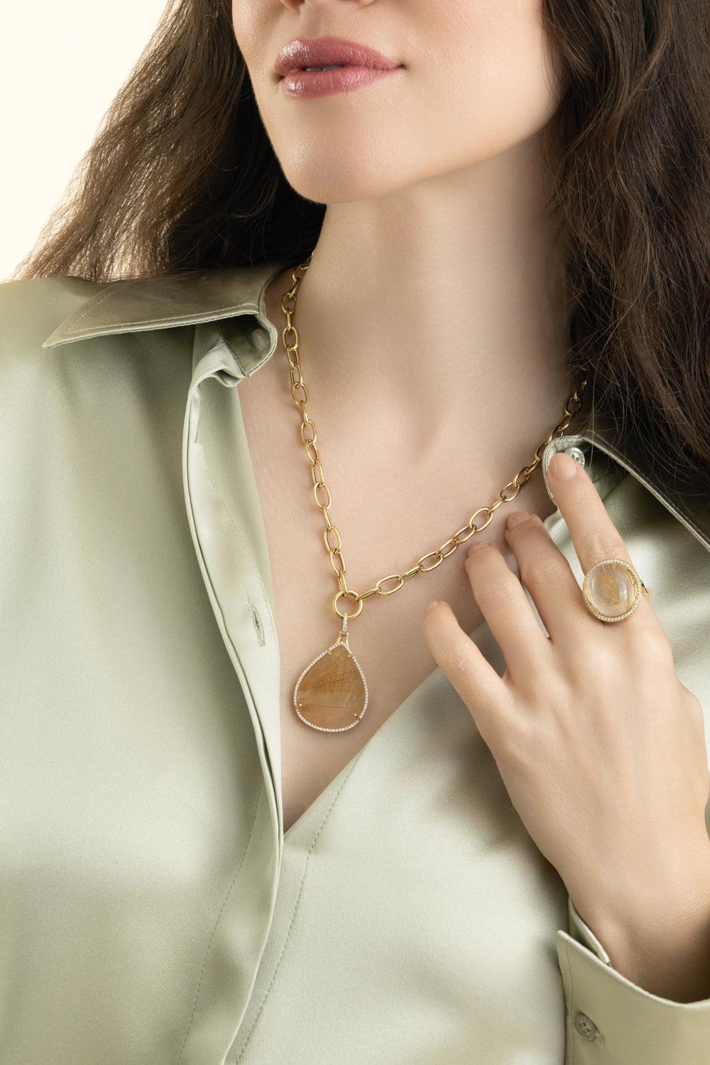 Rutilated Quartz Large G-One Pendant Necklace-YELLOW GOLD-18-JEWELRYFINE JEWELNECKLACE O-GOSHWARA