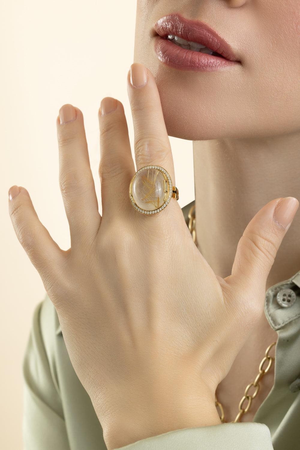 Rutilated Quartz Oval Rock N Roll Ring-YELLOW GOLD-6.5-JEWELRYFINE JEWELRING-GOSHWARA