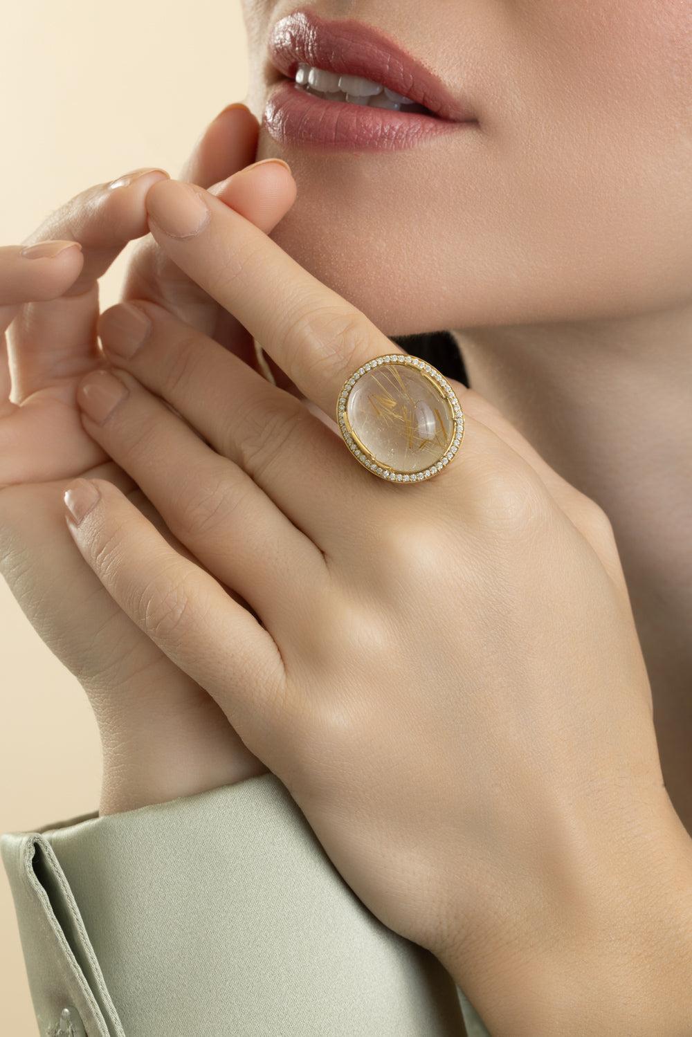 Rutilated Quartz Oval Rock N Roll Ring-YELLOW GOLD-6.5-JEWELRYFINE JEWELRING-GOSHWARA