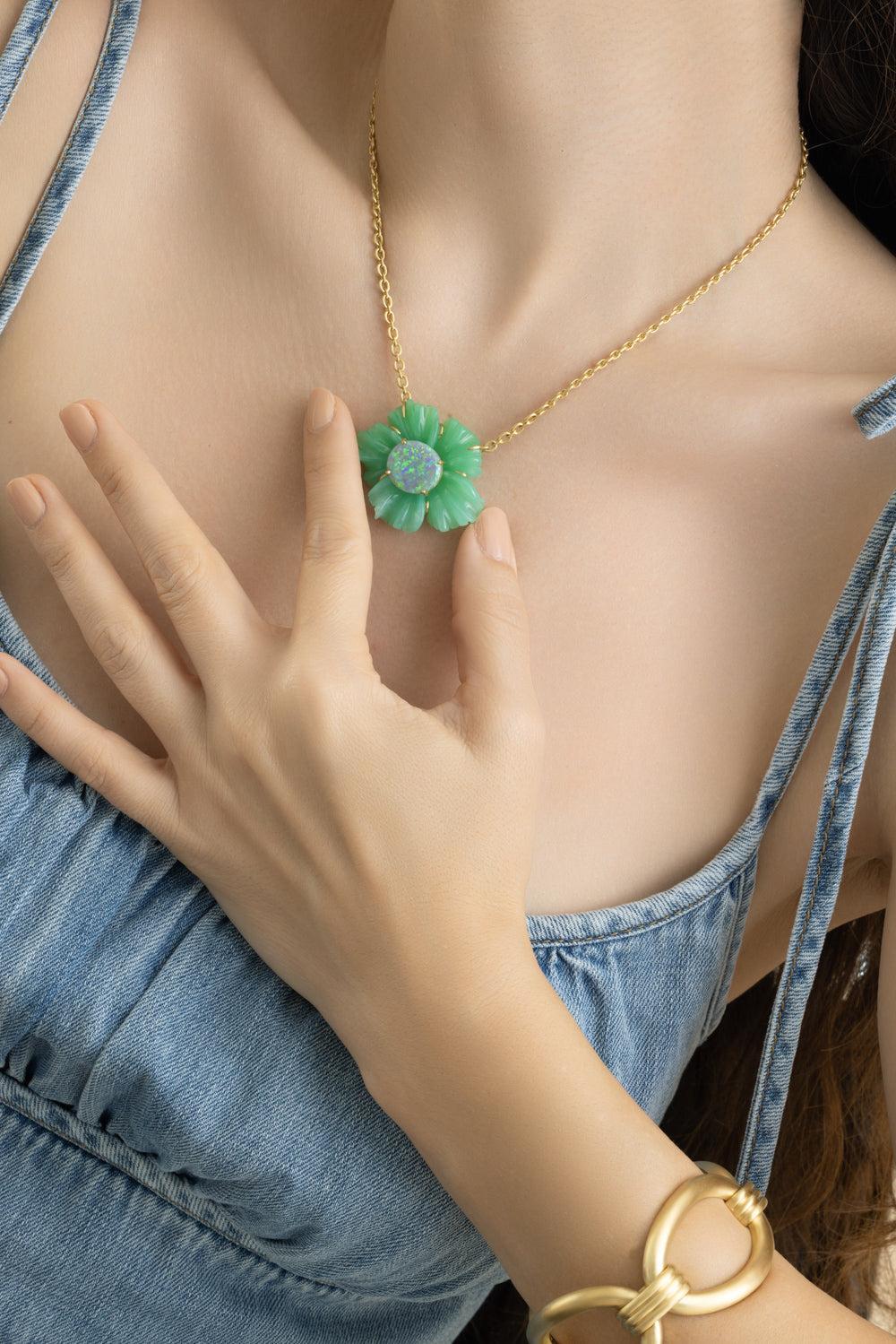 Opal Chrysoprase Tropical Flower Necklace-YELLOW GOLD-16-JEWELRYFINE JEWELNECKLACE O-IRENE NEUWIRTH JEWELRY