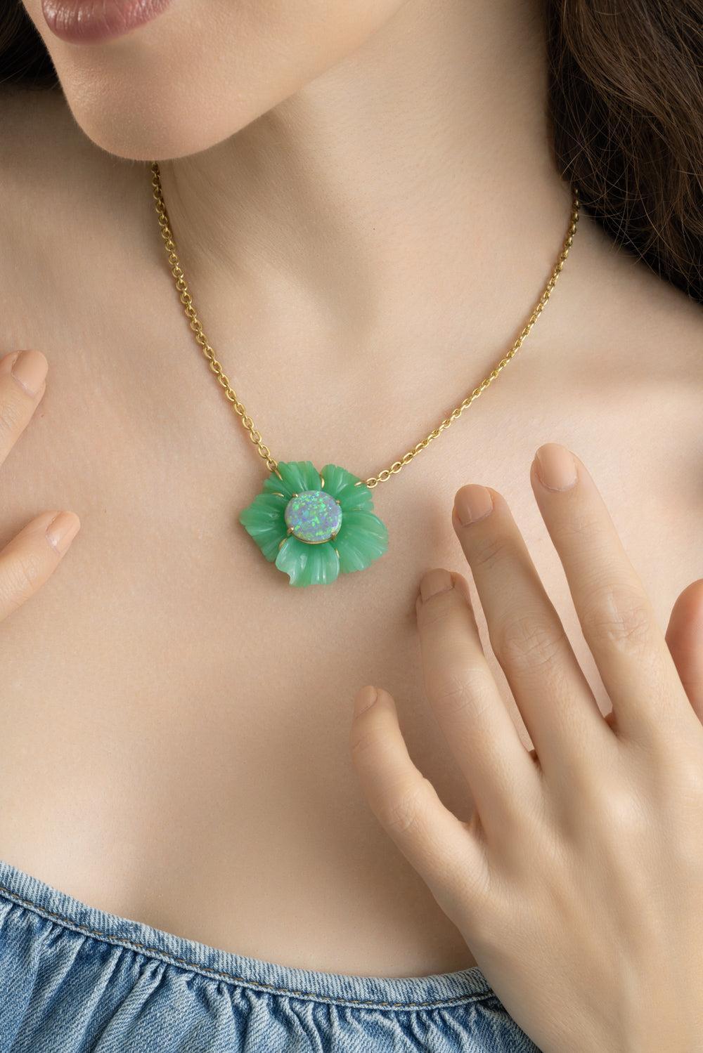 Opal Chrysoprase Tropical Flower Necklace-YELLOW GOLD-16-JEWELRYFINE JEWELNECKLACE O-IRENE NEUWIRTH JEWELRY