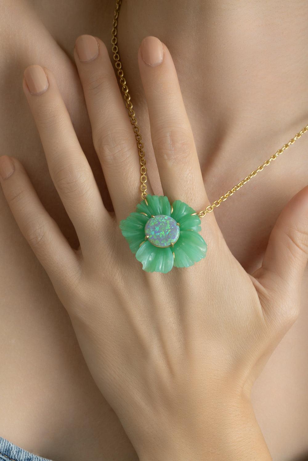 Opal Chrysoprase Tropical Flower Necklace-YELLOW GOLD-16-JEWELRYFINE JEWELNECKLACE O-IRENE NEUWIRTH JEWELRY