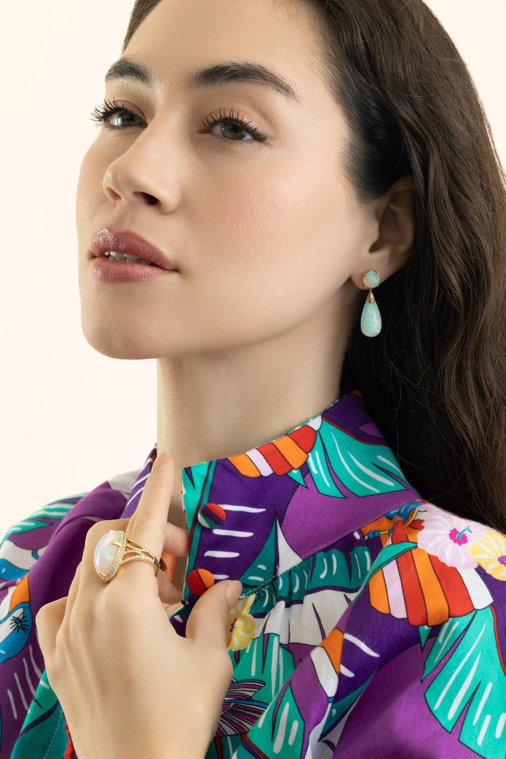 Opal Cabochon Diamond Drop Earrings-YELLOW GOLD-JEWELRYFINE JEWELEARRING-GOSHWARA