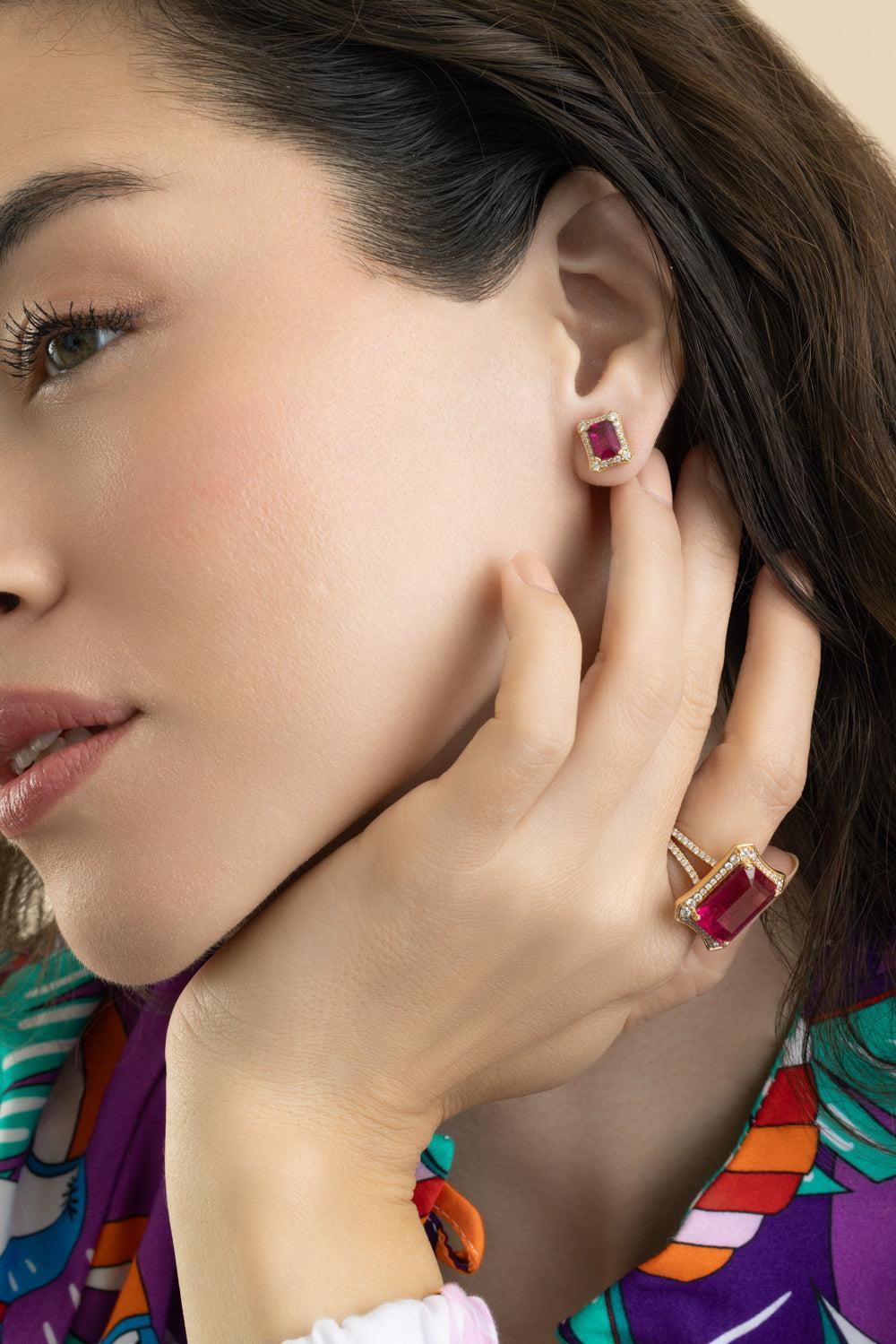 Rubellite Diamond Stud Earrings-YELLOW GOLD-JEWELRYFINE JEWELEARRING-GOSHWARA