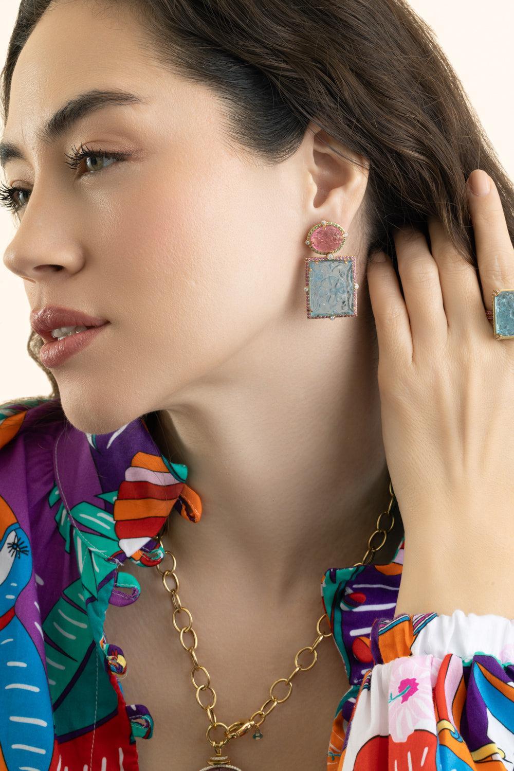 Aquamarine Tourmaline G-One Earrings-YELLOW GOLD-JEWELRYFINE JEWELEARRING-GOSHWARA