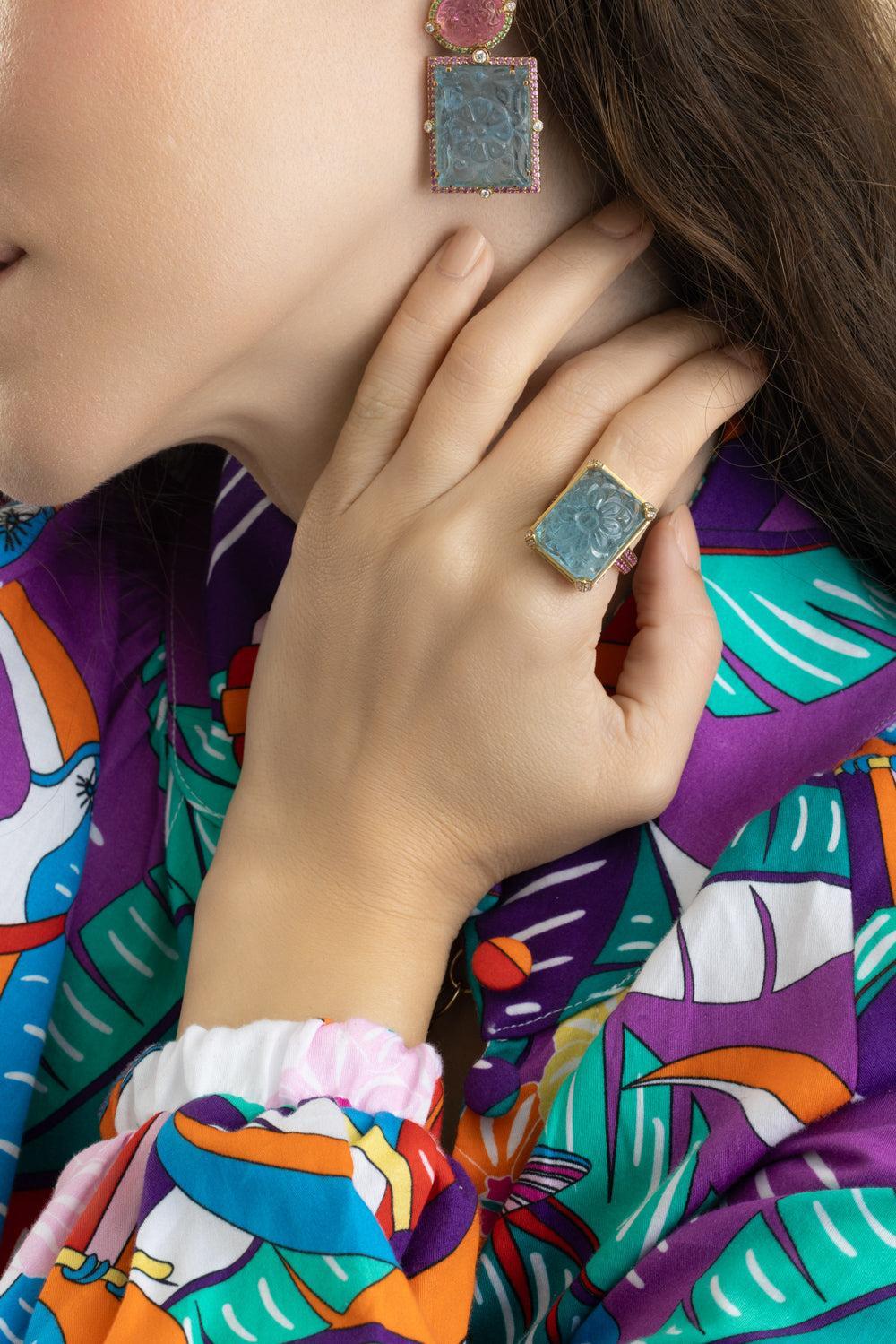 Aqua Rectangle G-One Ring-YELLOW GOLD-6.5-JEWELRYFINE JEWELRING-GOSHWARA