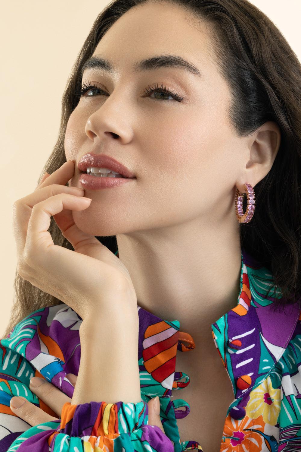 Pink Sapphire Oval Hoop Earrings-ROSE GOLD-JEWELRYFINE JEWELEARRING-GOSHWARA