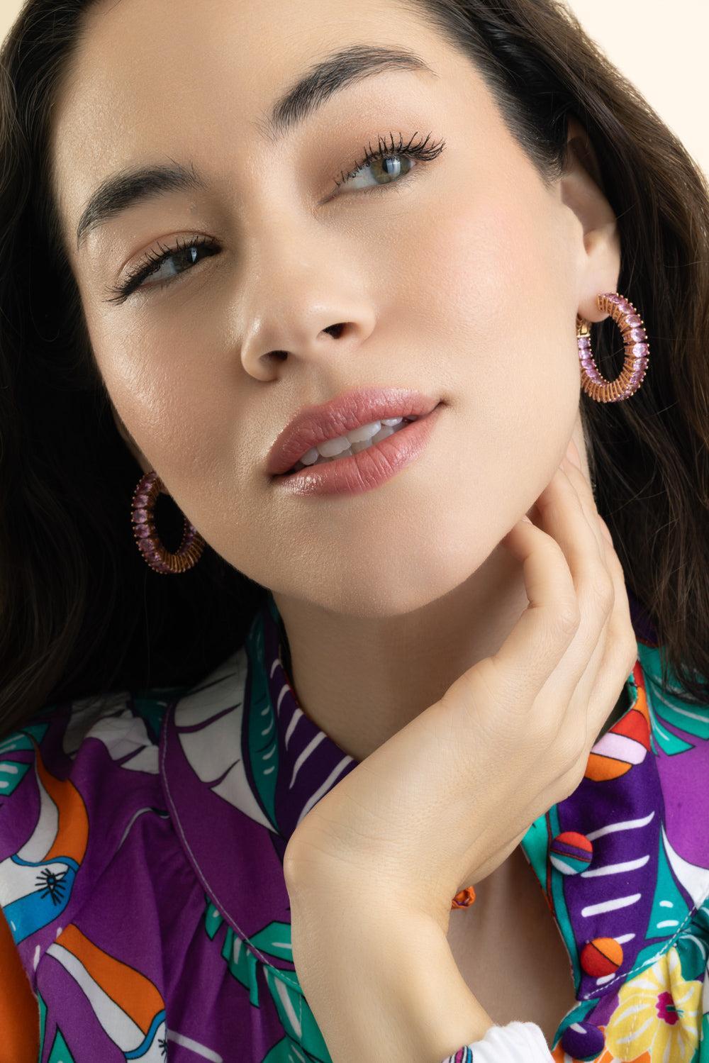 Pink Sapphire Oval Hoop Earrings-ROSE GOLD-JEWELRYFINE JEWELEARRING-GOSHWARA