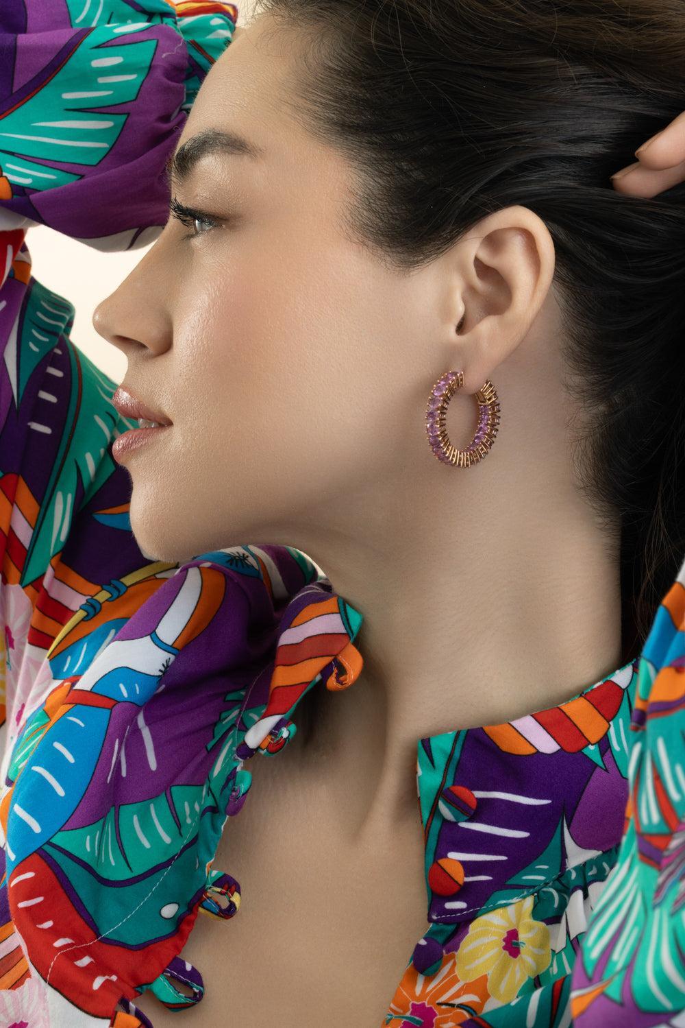 Pink Sapphire Oval Hoop Earrings-ROSE GOLD-JEWELRYFINE JEWELEARRING-GOSHWARA