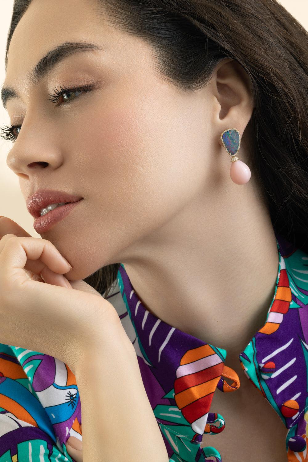 Blue Pink Opal G-One Drop Earrings-YELLOW GOLD-JEWELRYFINE JEWELEARRING-GOSHWARA