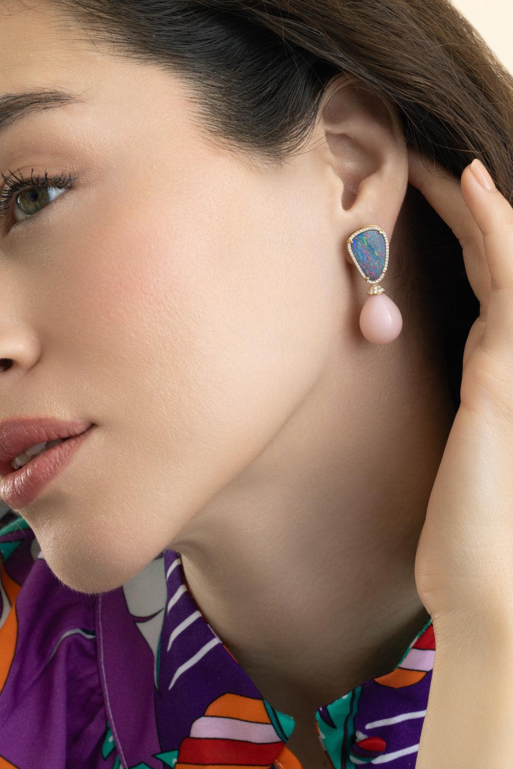 Blue Pink Opal G-One Drop Earrings-YELLOW GOLD-JEWELRYFINE JEWELEARRING-GOSHWARA