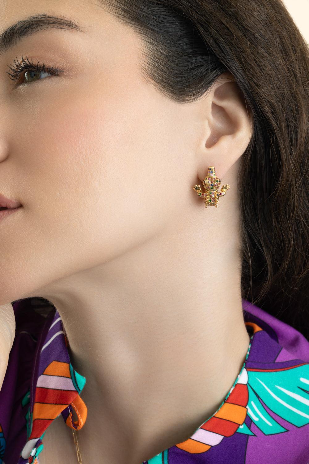 Multi Sapphire Onyx Crocodile Ark Earrings-YELLOW GOLD-JEWELRYFINE JEWELEARRING-GOSHWARA