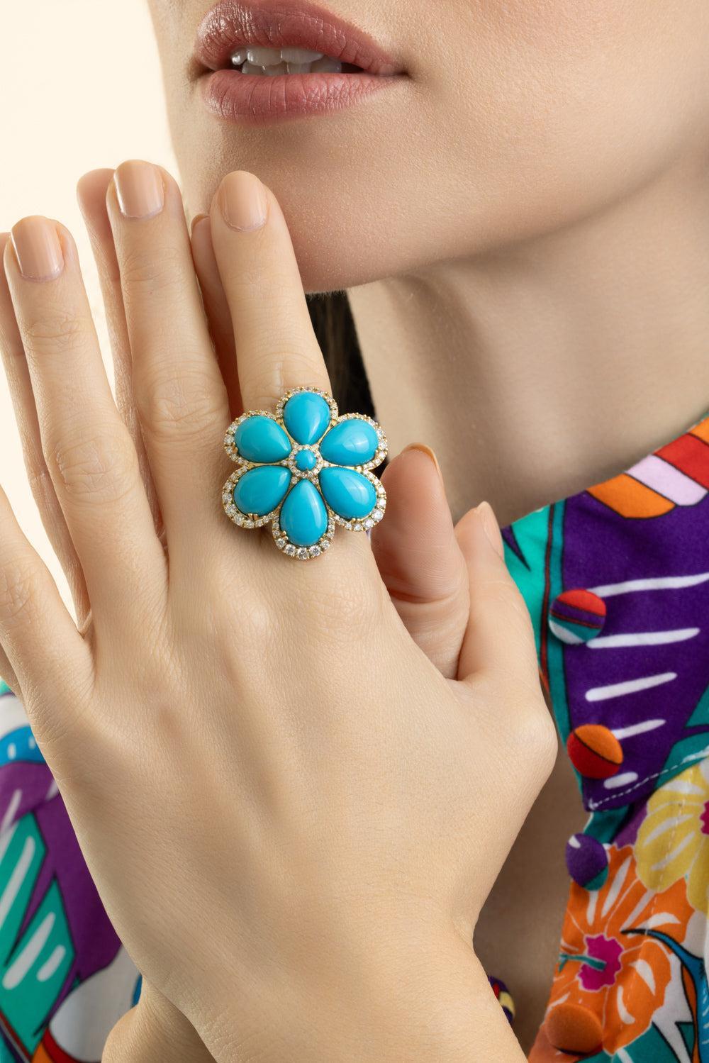 Turquoise Cabochon G-One Flower Ring-YELLOW GOLD-7.25-JEWELRYFINE JEWELRING-GOSHWARA