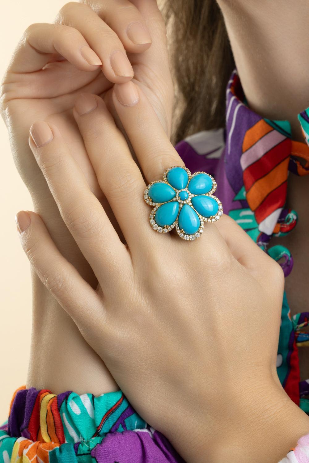 Turquoise Cabochon G-One Flower Ring-YELLOW GOLD-7.25-JEWELRYFINE JEWELRING-GOSHWARA