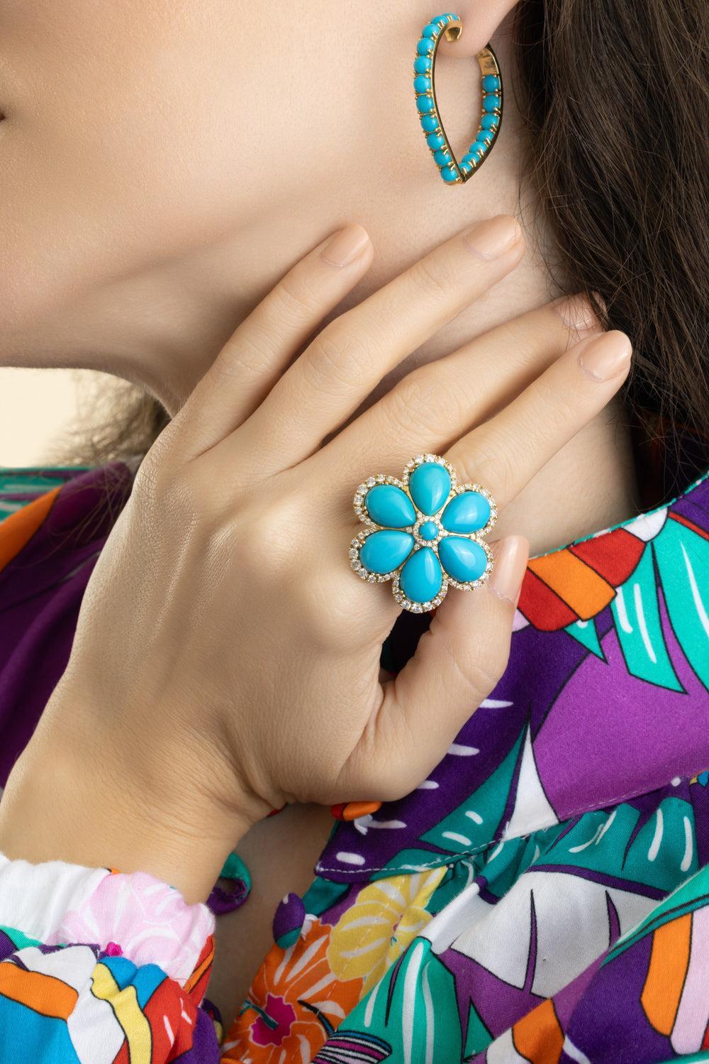 Turquoise Cabochon G-One Flower Ring-YELLOW GOLD-7.25-JEWELRYFINE JEWELRING-GOSHWARA