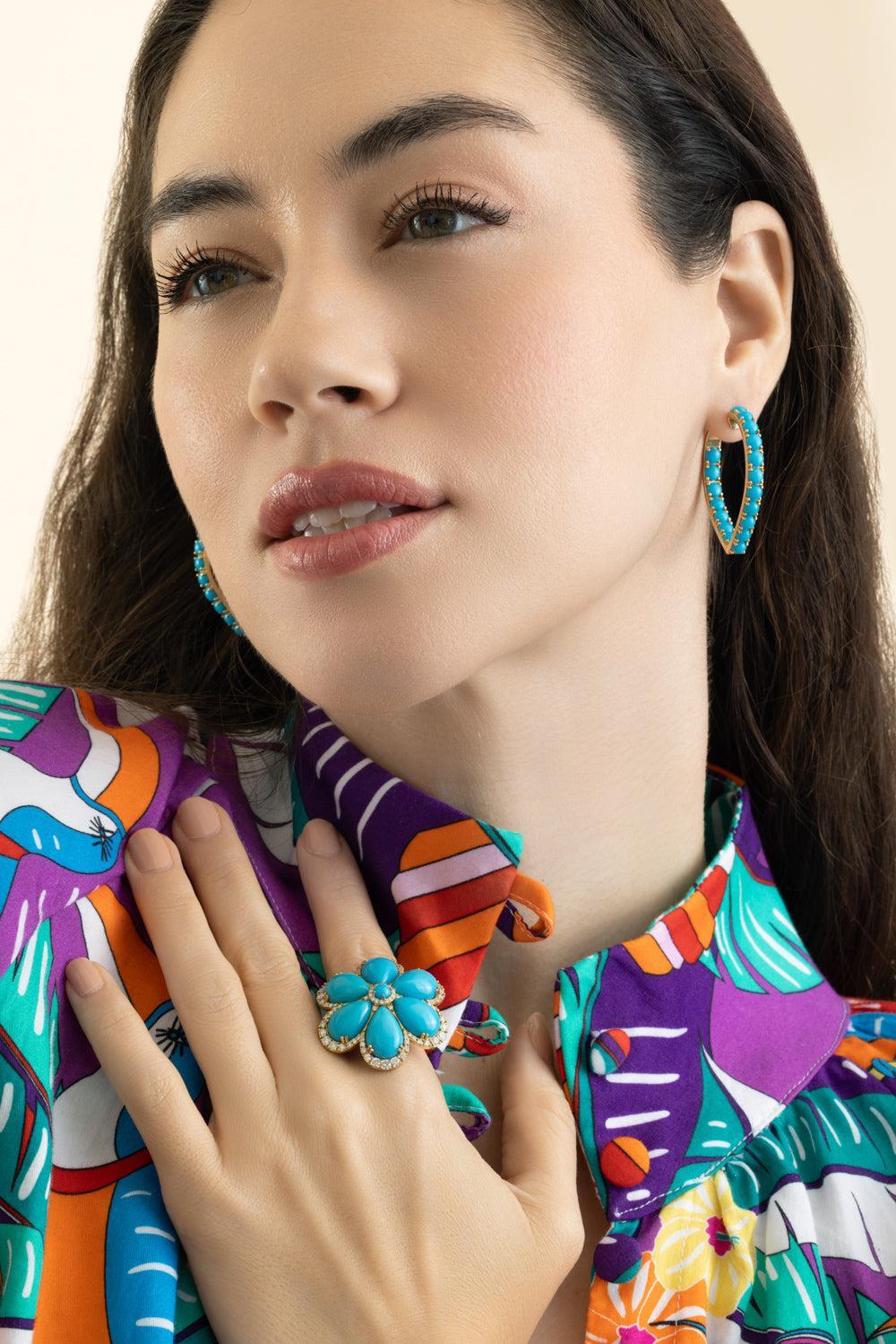 Turquoise Cabochon Heart Hoop Earrings-YELLOW GOLD-JEWELRYFINE JEWELEARRING-GOSHWARA