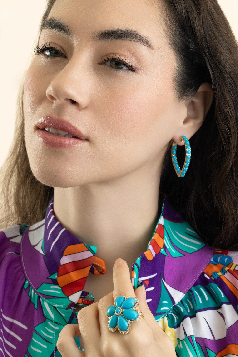 Turquoise Cabochon Heart Hoop Earrings-YELLOW GOLD-JEWELRYFINE JEWELEARRING-GOSHWARA