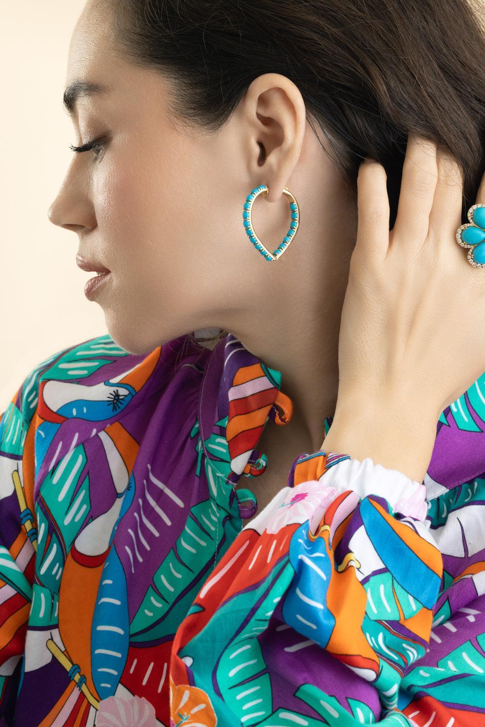 Turquoise Cabochon Heart Hoop Earrings-YELLOW GOLD-JEWELRYFINE JEWELEARRING-GOSHWARA