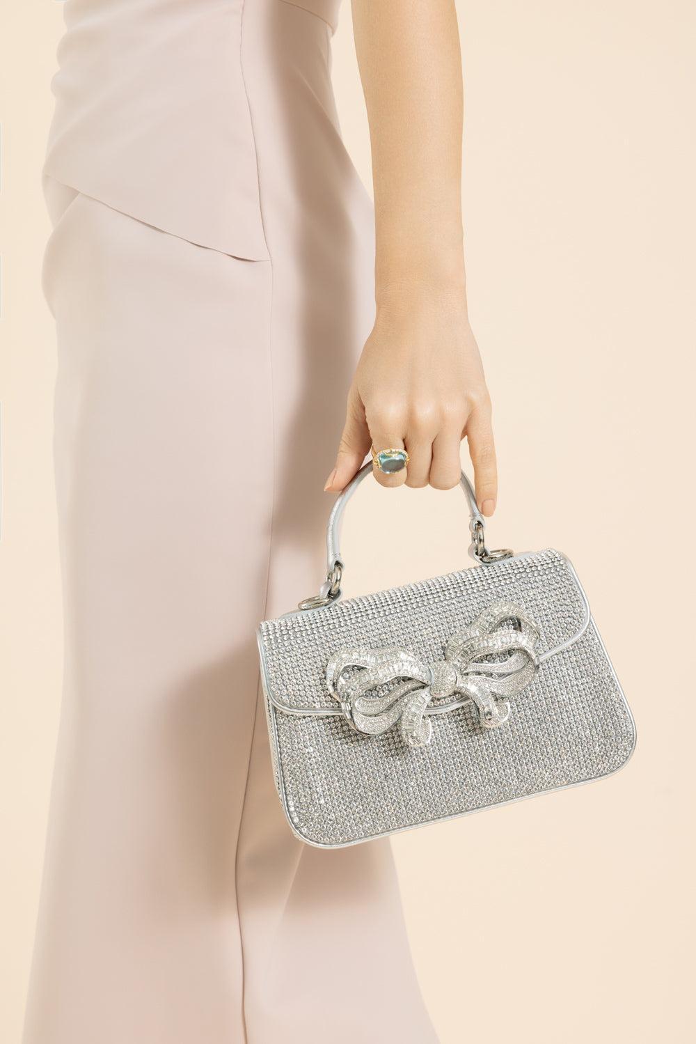 Bow Top Handle Fullbead Clutch-SILVER-HANDBAGTOP HANDLE-JUDITH LEIBER