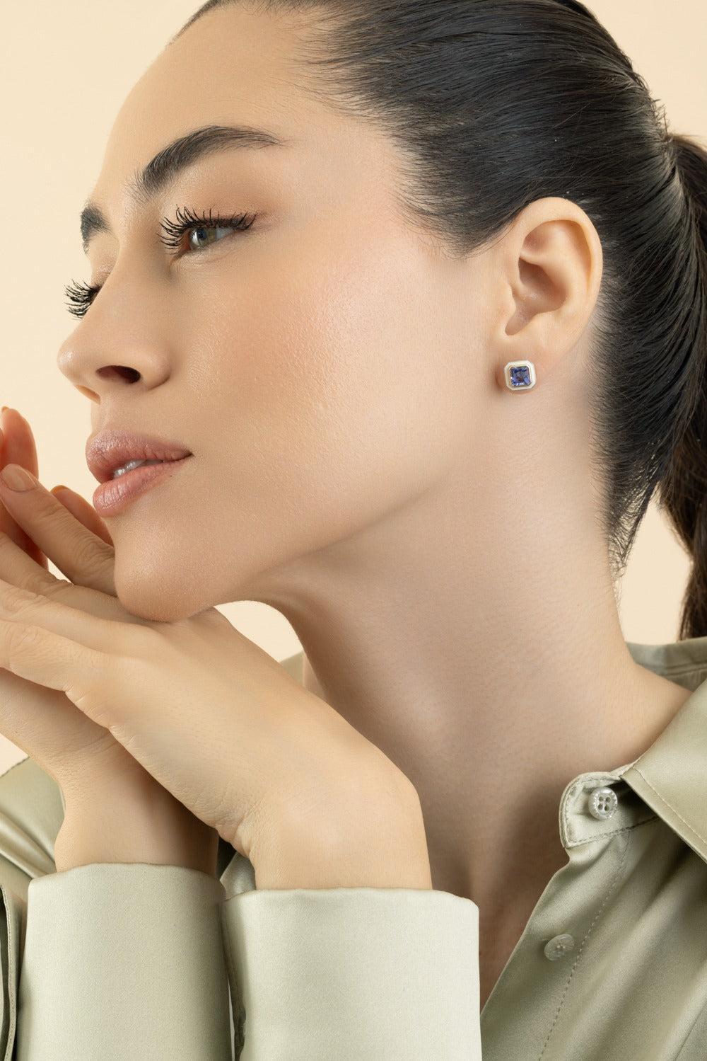 Tanzanite Square Cut Stud Earrings-YELLOW GOLD-JEWELRYFINE JEWELEARRING-GOSHWARA