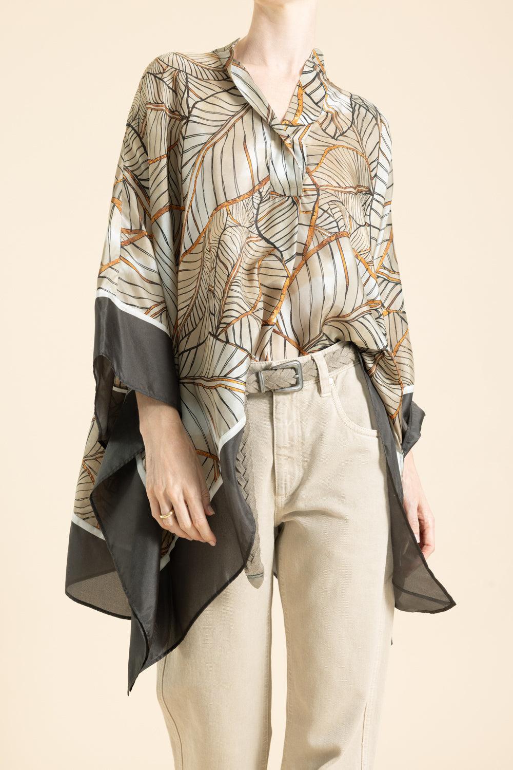 Papyrus Printed Poncho-BEIGE/ORANGE-XS-CLOTHINGTOPPONCHO-BRUNELLO CUCINELLI