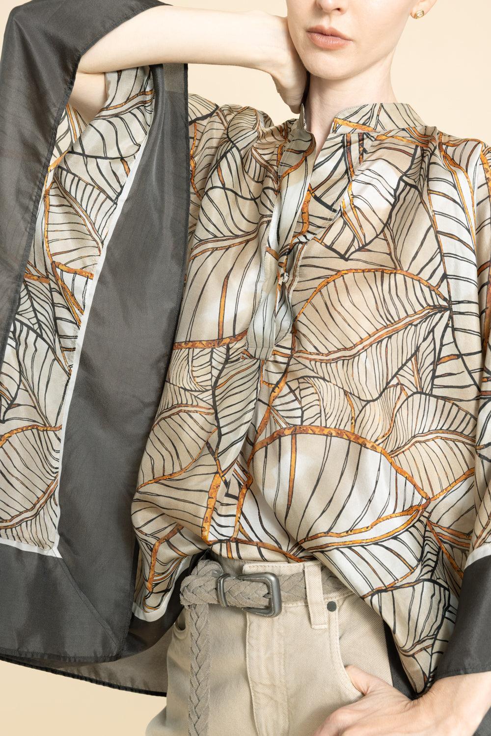 Papyrus Printed Poncho-BEIGE/ORANGE-XS-CLOTHINGTOPPONCHO-BRUNELLO CUCINELLI