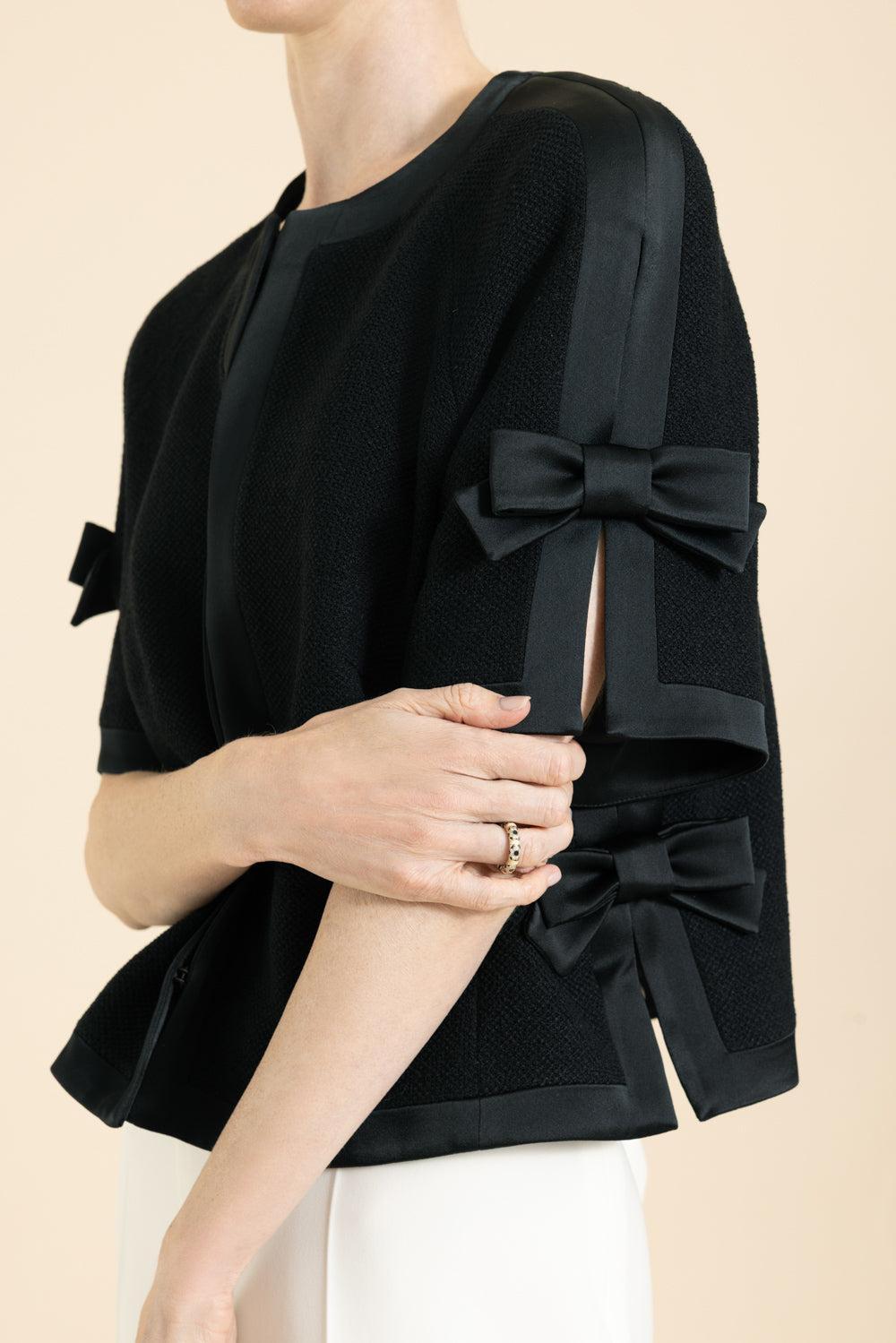 Short Sleeve Bow Satin Details-BLACK-38-CLOTHINGJACKETCASUAL-MAISON COMMON