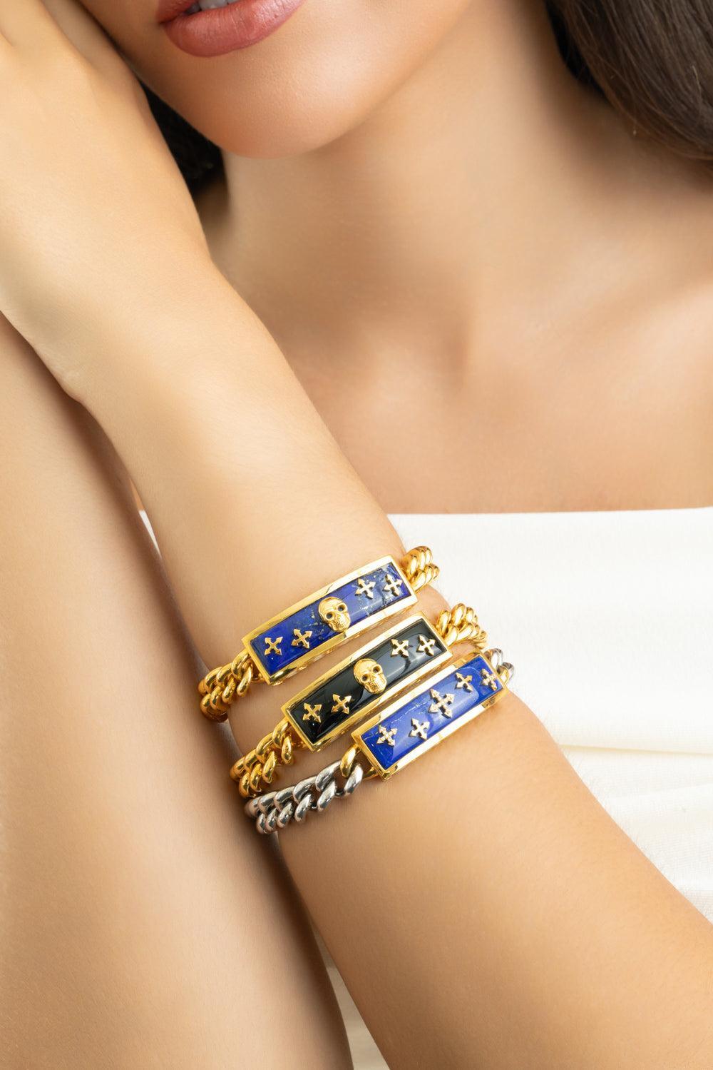 Onyx Skull Biker Bracelet-YELLOW GOLD-8.5-JEWELRYFINE JEWELBRACELET O-BUDDHA MAMA