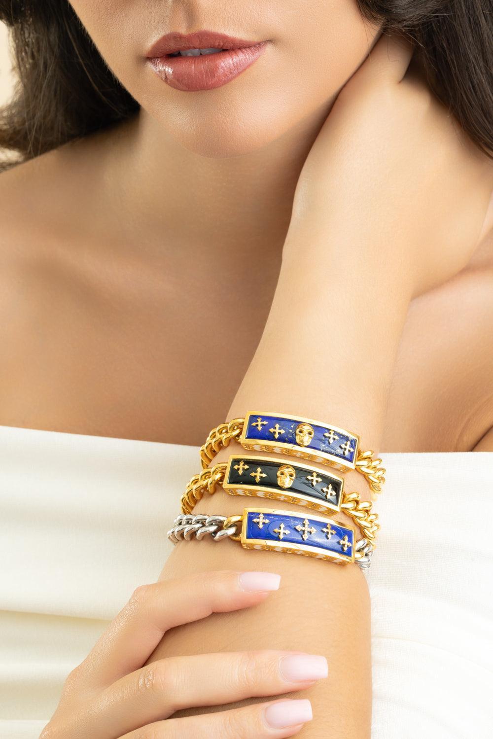 Onyx Skull Biker Bracelet-YELLOW GOLD-8.5-JEWELRYFINE JEWELBRACELET O-BUDDHA MAMA