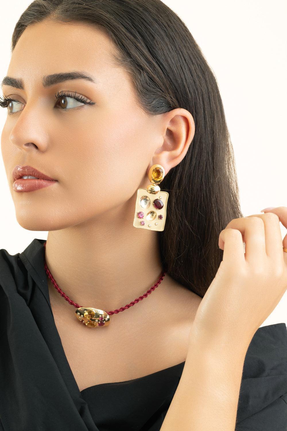 Citrine Rubis Diamond Rock Drop Earrings-YELLOW GOLD-JEWELRYFINE JEWELEARRING-CAROL KAUFFMANN