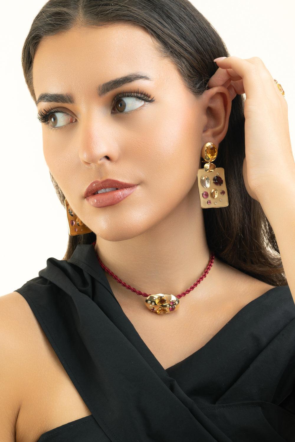Citrine Rubis Diamond Rock Drop Earrings-YELLOW GOLD-JEWELRYFINE JEWELEARRING-CAROL KAUFFMANN
