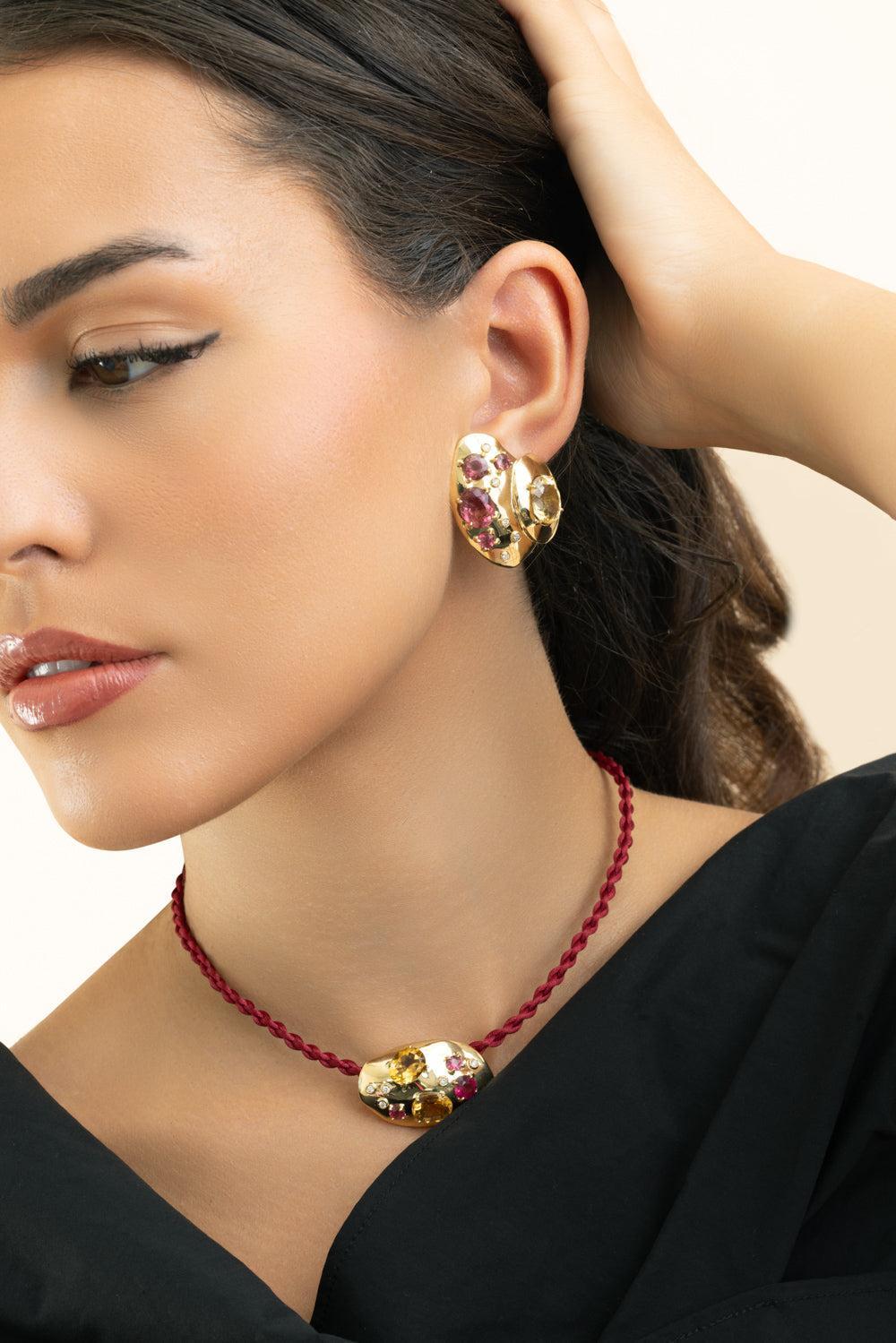 Rubellite Citrine Rocks Earrings-YELLOW GOLD-JEWELRYFINE JEWELEARRING-CAROL KAUFFMANN