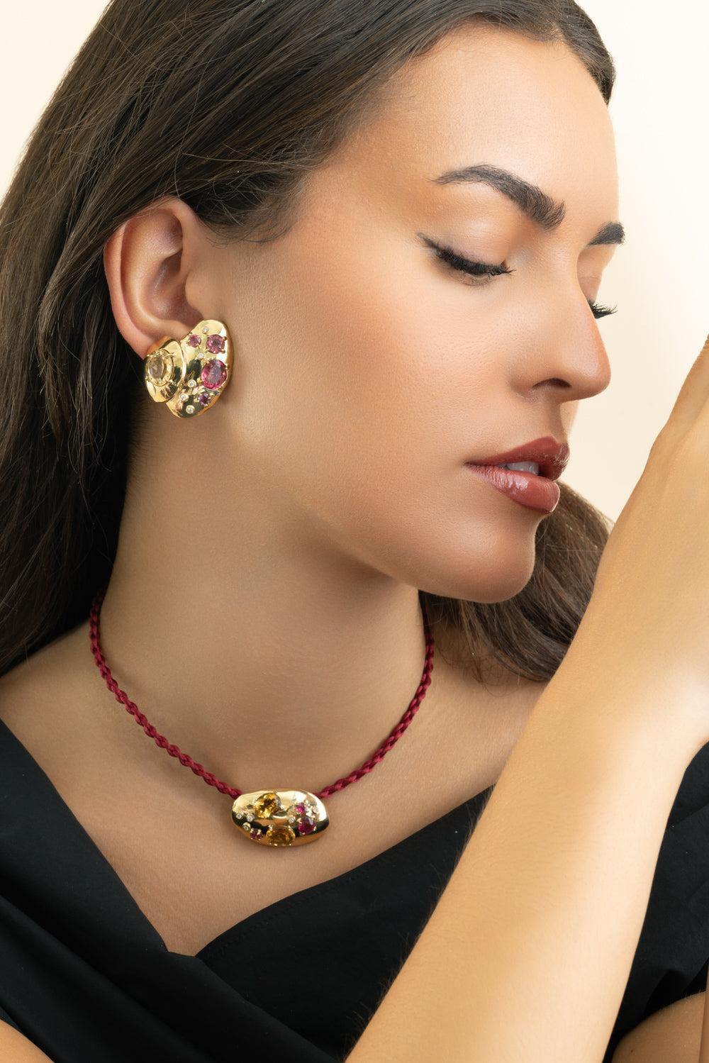 Rubellite Citrine Rocks Earrings-YELLOW GOLD-JEWELRYFINE JEWELEARRING-CAROL KAUFFMANN