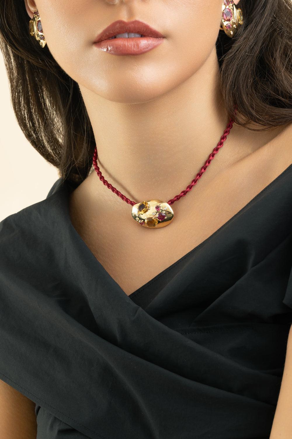 Rubellite Citrine Flinstone Pendant-YELLOW GOLD-JEWELRYFINE JEWELPENDANT-CAROL KAUFFMANN