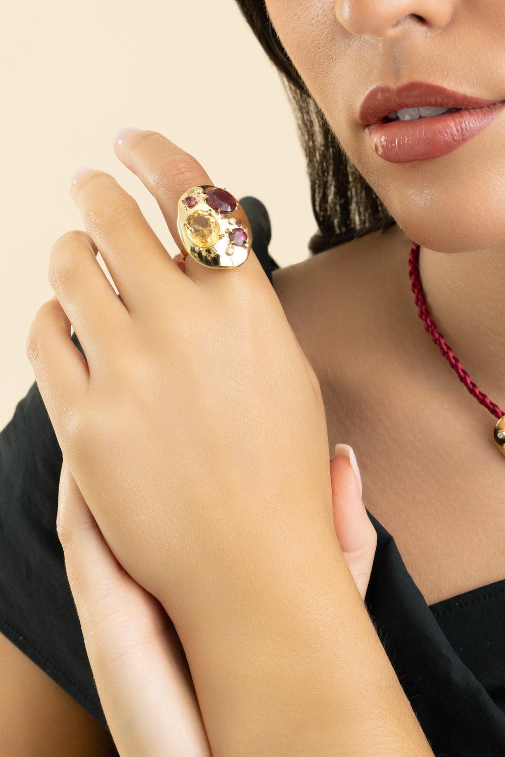 Rubellite Citrine Rocks Rings-YELLOW GOLD-7-JEWELRYFINE JEWELRING-CAROL KAUFFMANN