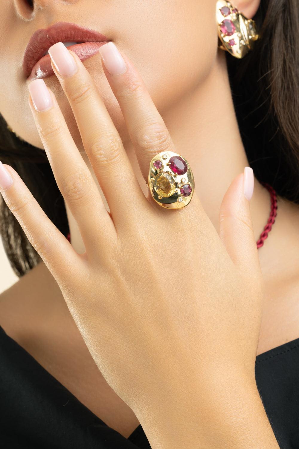Rubellite Citrine Rocks Rings-YELLOW GOLD-7-JEWELRYFINE JEWELRING-CAROL KAUFFMANN