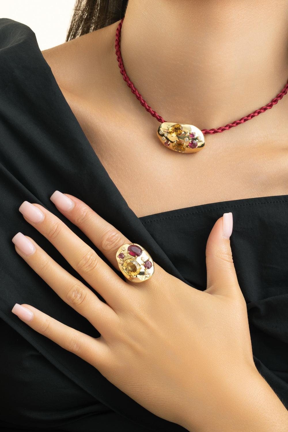 Rubellite Citrine Rocks Rings-YELLOW GOLD-7-JEWELRYFINE JEWELRING-CAROL KAUFFMANN