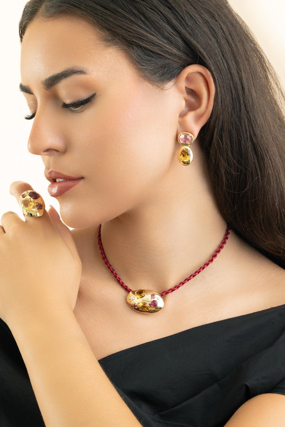 Pink Tourmaline Citrine Rock Class Earrings-YELLOW GOLD-JEWELRYFINE JEWELEARRING-CAROL KAUFFMANN