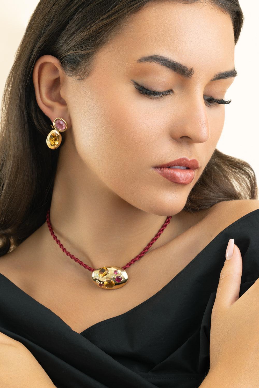Pink Tourmaline Citrine Rock Class Earrings-YELLOW GOLD-JEWELRYFINE JEWELEARRING-CAROL KAUFFMANN