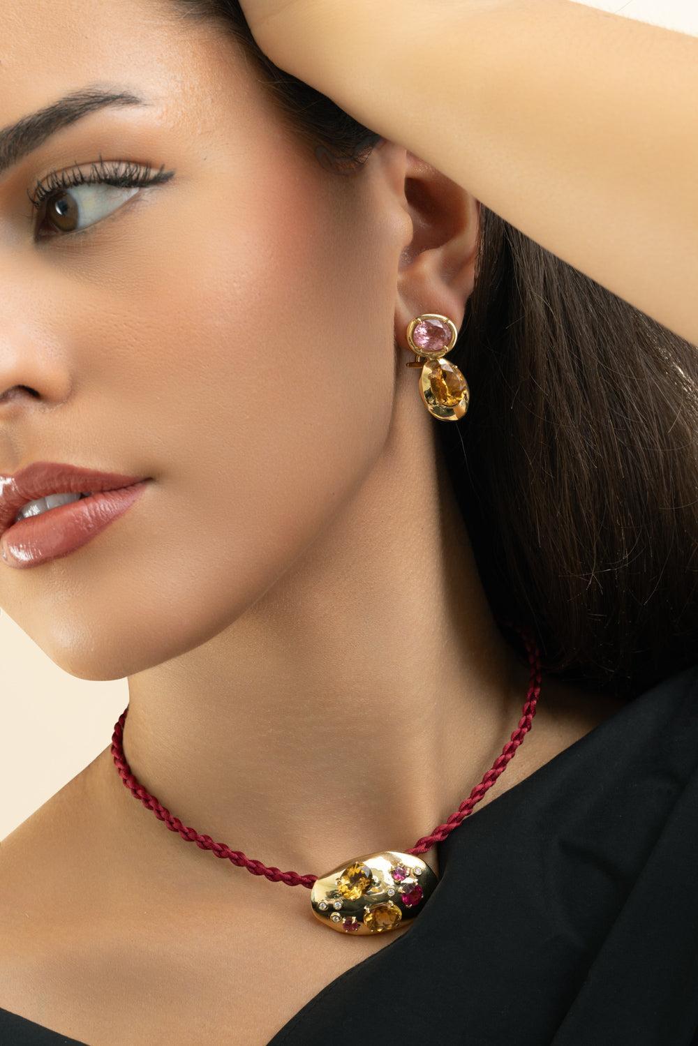 Pink Tourmaline Citrine Rock Class Earrings-YELLOW GOLD-JEWELRYFINE JEWELEARRING-CAROL KAUFFMANN