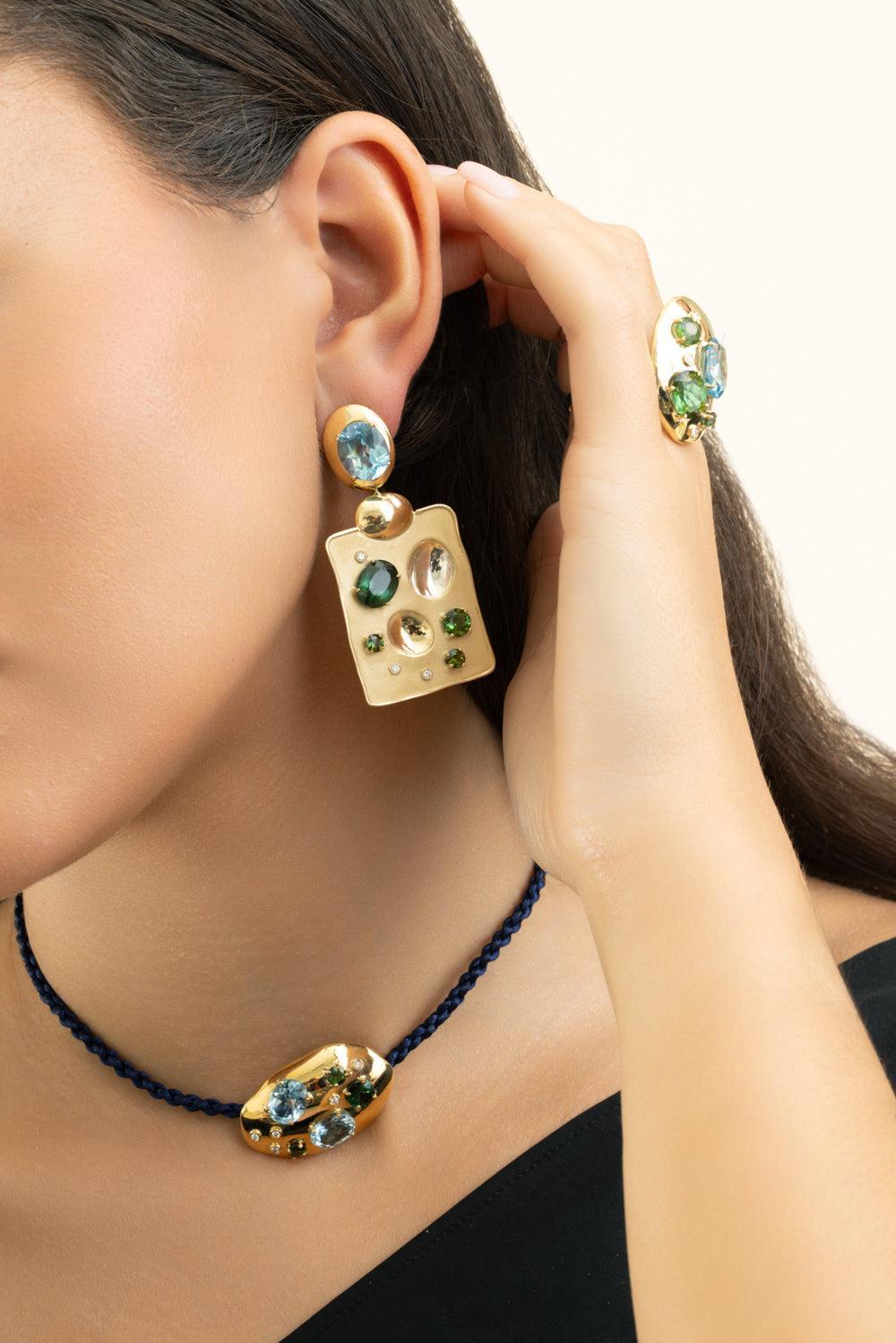 Green Tourmaline Blue Topaz Rock Drop Earrings-YELLOW GOLD-JEWELRYFINE JEWELEARRING-CAROL KAUFFMANN