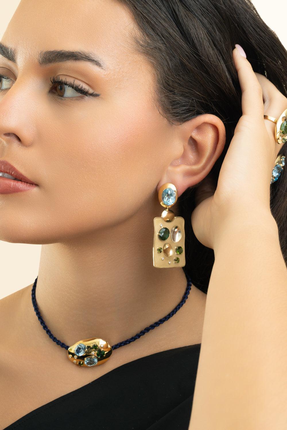 Green Tourmaline Blue Topaz Rock Drop Earrings-YELLOW GOLD-JEWELRYFINE JEWELEARRING-CAROL KAUFFMANN