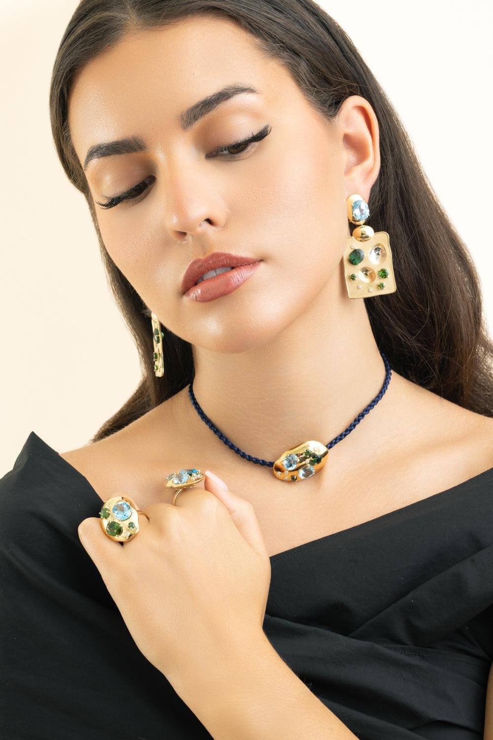 Green Tourmaline Blue Topaz Rock Drop Earrings-YELLOW GOLD-JEWELRYFINE JEWELEARRING-CAROL KAUFFMANN