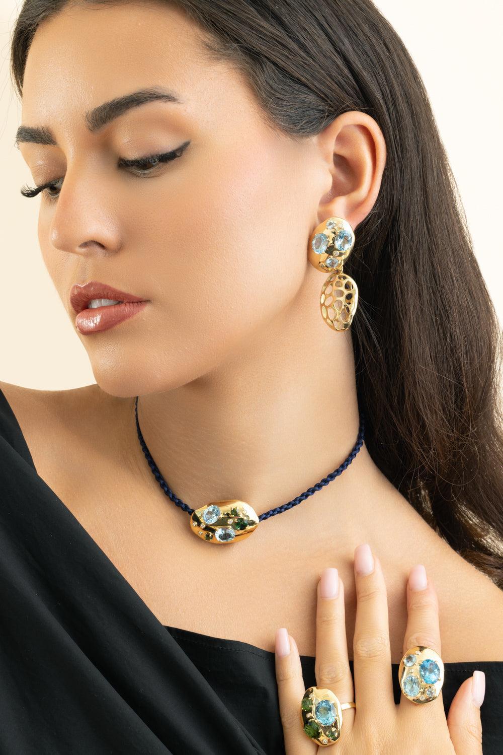 Blue Topaz Diamond Monochromatic Earrings-YELLOW GOLD-JEWELRYFINE JEWELEARRING-CAROL KAUFFMANN