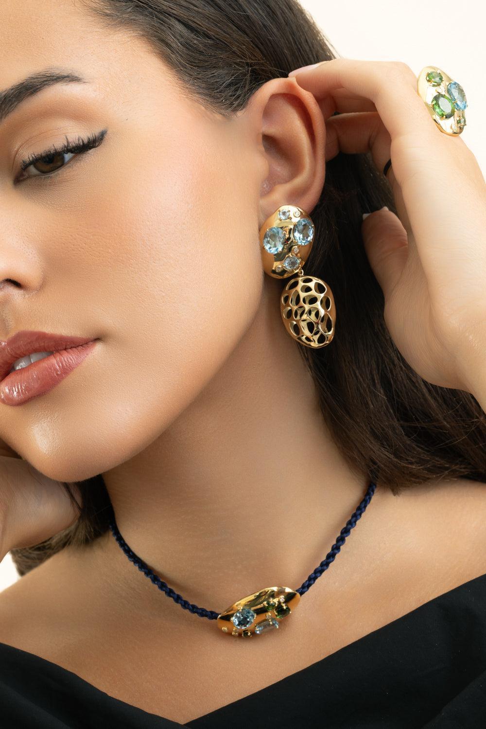 Blue Topaz Diamond Monochromatic Earrings-YELLOW GOLD-JEWELRYFINE JEWELEARRING-CAROL KAUFFMANN