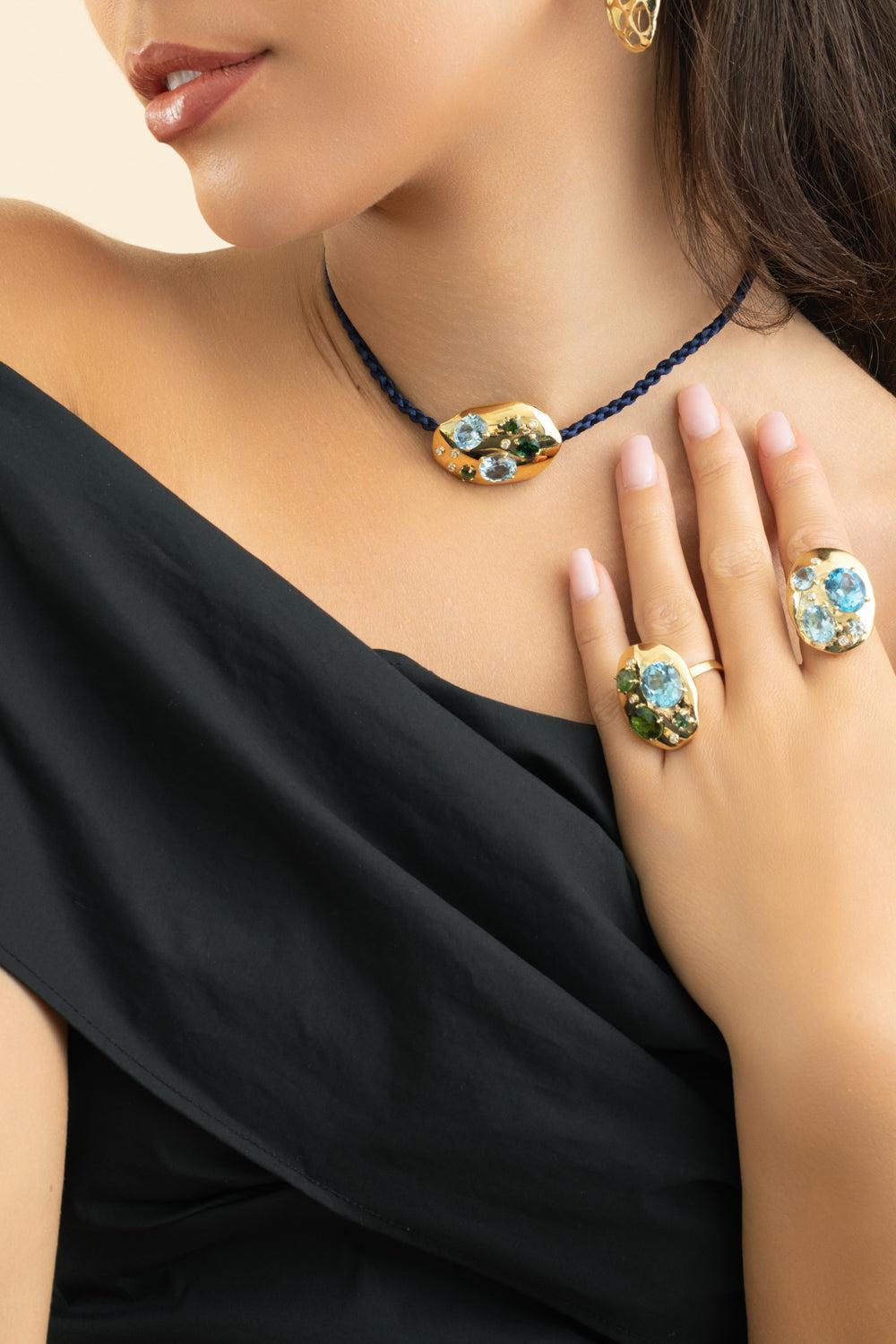Green Tourmaline Rock Flinstone Ring-YELLOW GOLD-6.75-JEWELRYFINE JEWELRING-CAROL KAUFFMANN