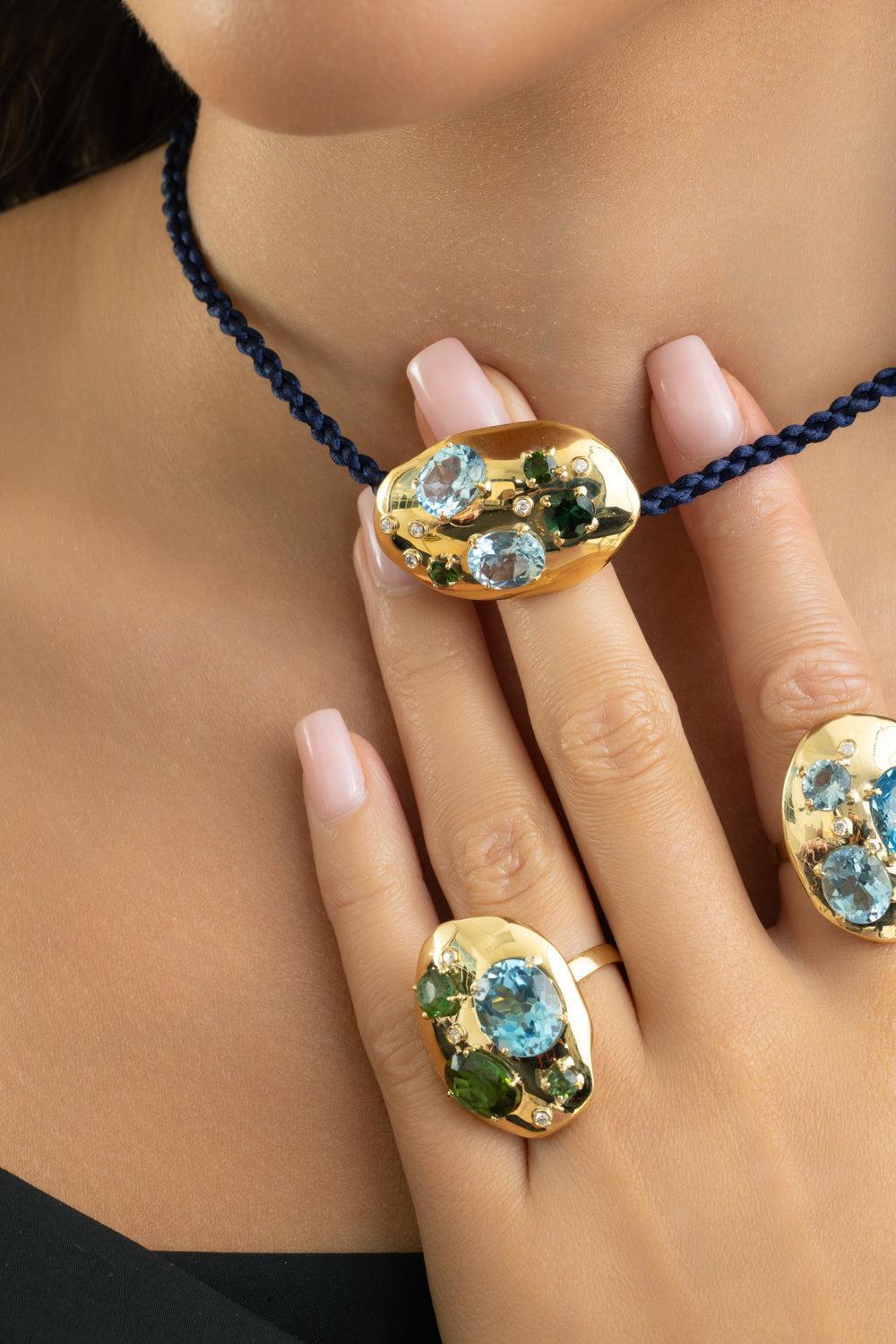 Green Tourmaline Rock Flinstone Ring-YELLOW GOLD-6.75-JEWELRYFINE JEWELRING-CAROL KAUFFMANN