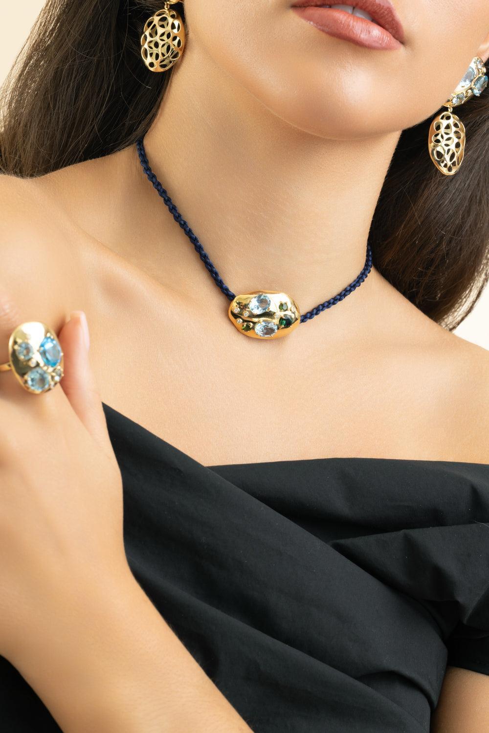 Green Tourmaline Blue Topaz Flinstone Pendant-YELLOW GOLD-JEWELRYFINE JEWELPENDANT-CAROL KAUFFMANN