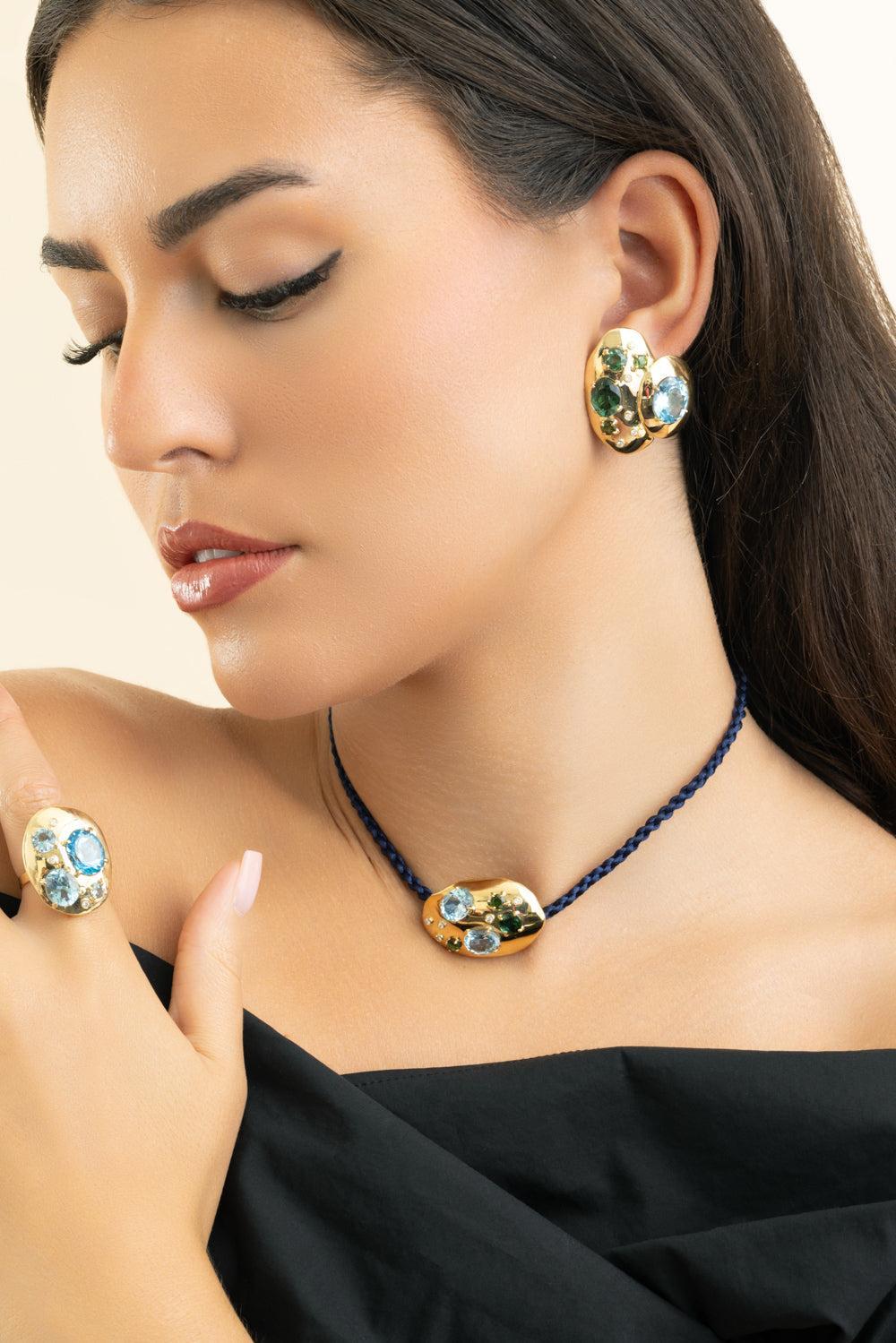 Green Tourmaline Blue Topaz Rock Class Earrings-YELLOW GOLD-JEWELRYFINE JEWELEARRING-CAROL KAUFFMANN