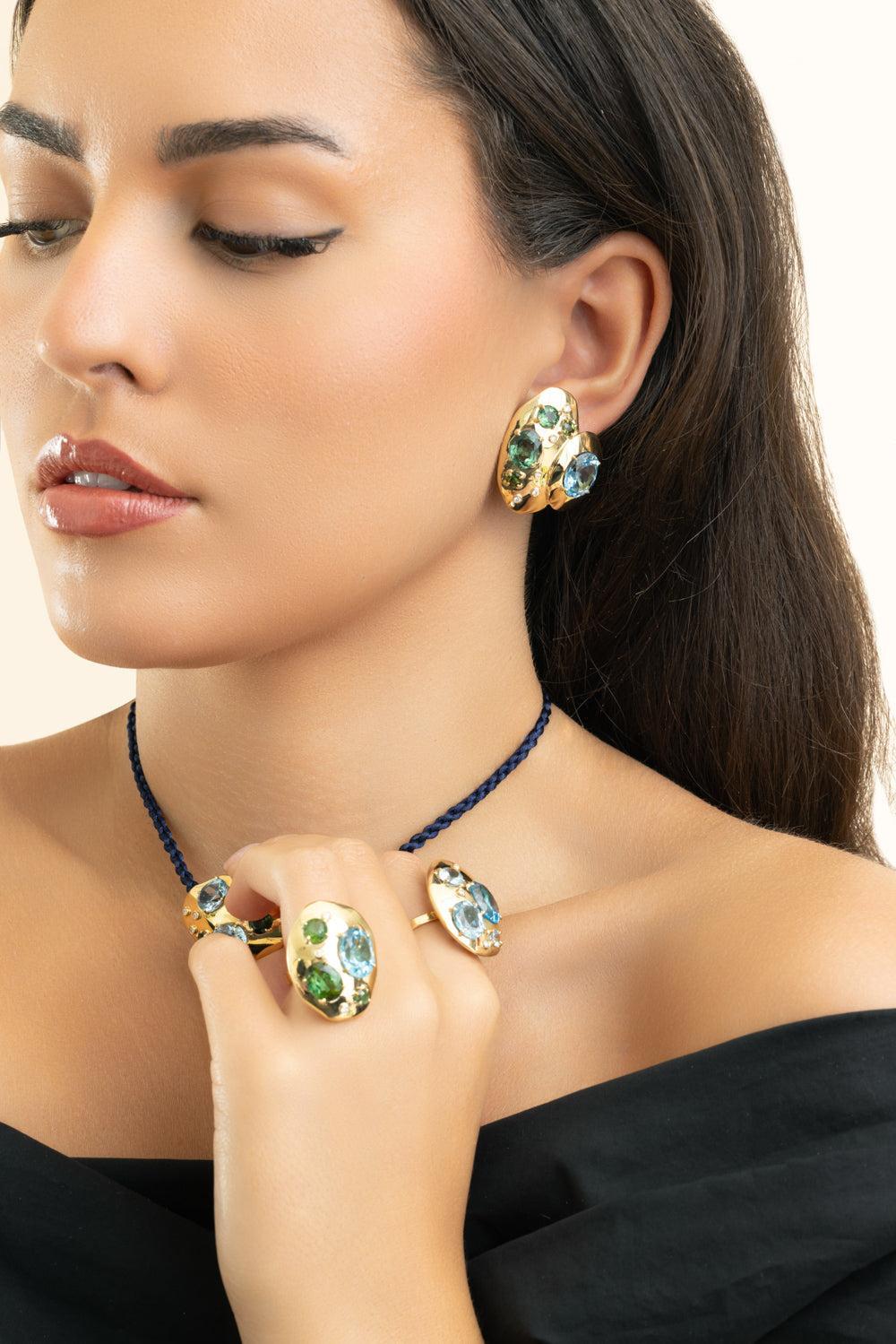 Green Tourmaline Rock Flinstone Ring-YELLOW GOLD-6.75-JEWELRYFINE JEWELRING-CAROL KAUFFMANN